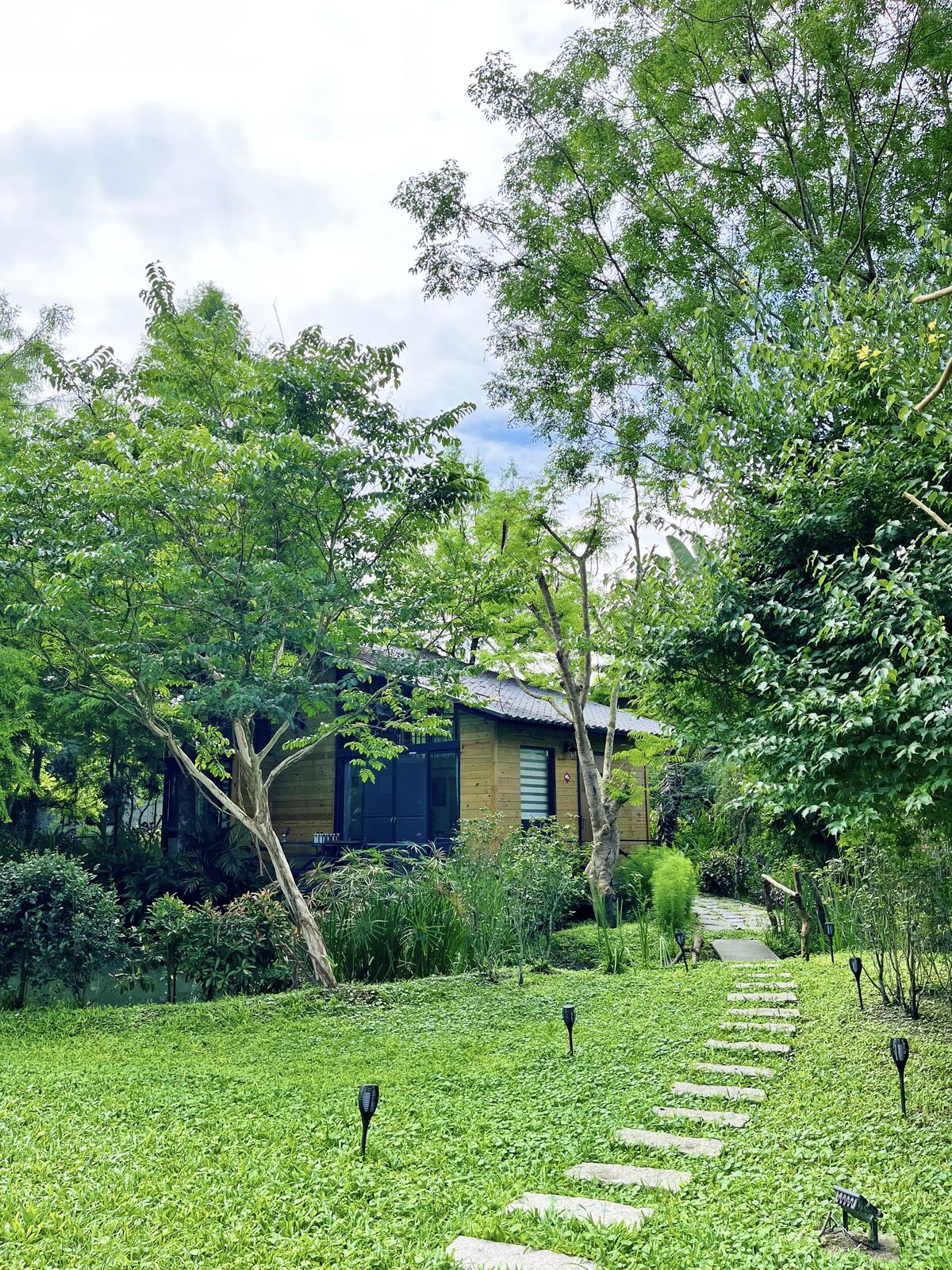 草坪上的石板小徑通往水見曉逐木屋，兩側有庭園燈與樹木